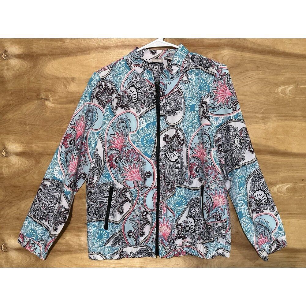 Zenergy Chico’s Jacket Size 1 8/10 Floral Paisley Full Zip Windbreaker Jacket